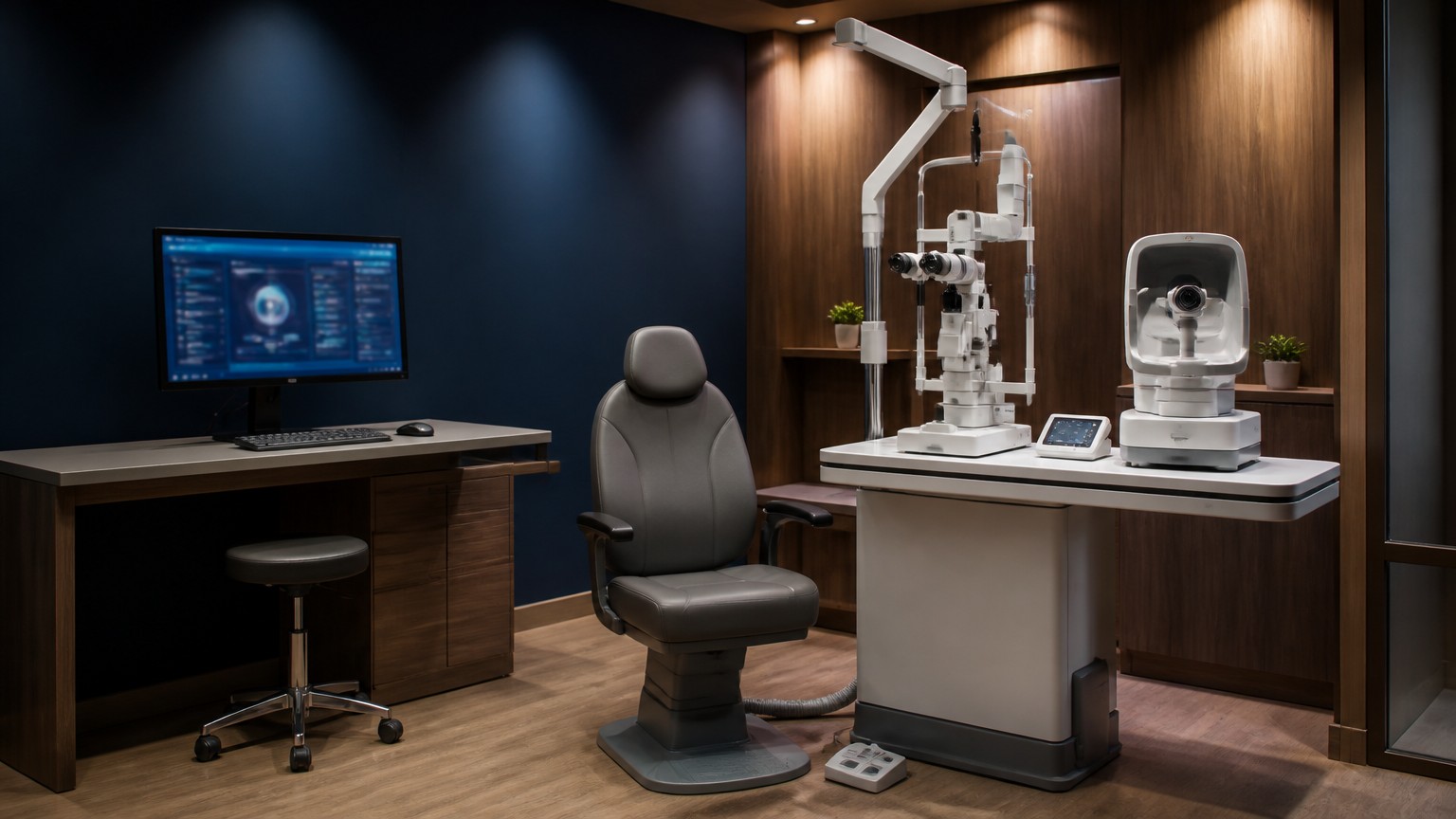 A state-of-the-art digital ophthalmic exam lane — the convergence of diagnostic instruments, EMR integration, and smart furniture that defines the 2027 clinical standard.